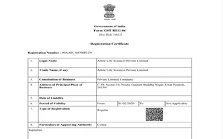 Government of India GST Registration Certificate (Form GST REG-06) for Allele Life Sciences Private Limited