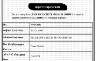 Importer-Exporter Code (IEC) certificate for Allele Life Sciences Private Limited