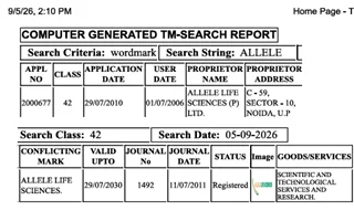 Trademark registration search report for the ALLELE LIFE SCIENCES wordmark, Class 42