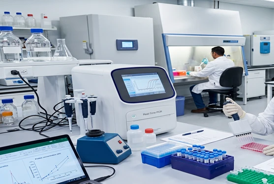 Modern laboratory with analytical instruments and a scientist at work