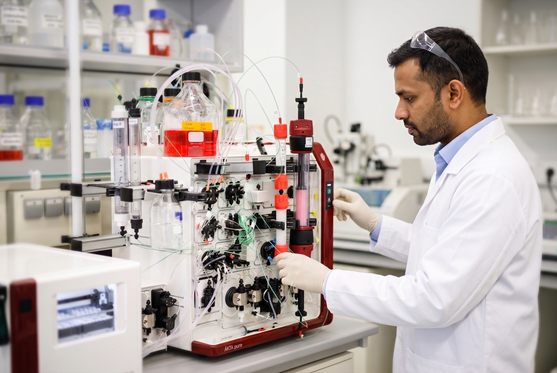 Scientist operating an FPLC protein purification system