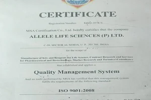 ISO 9001:2008 Quality Management System certificate issued to Allele Life Sciences (P) Ltd by MSA Certification Co., Ltd.